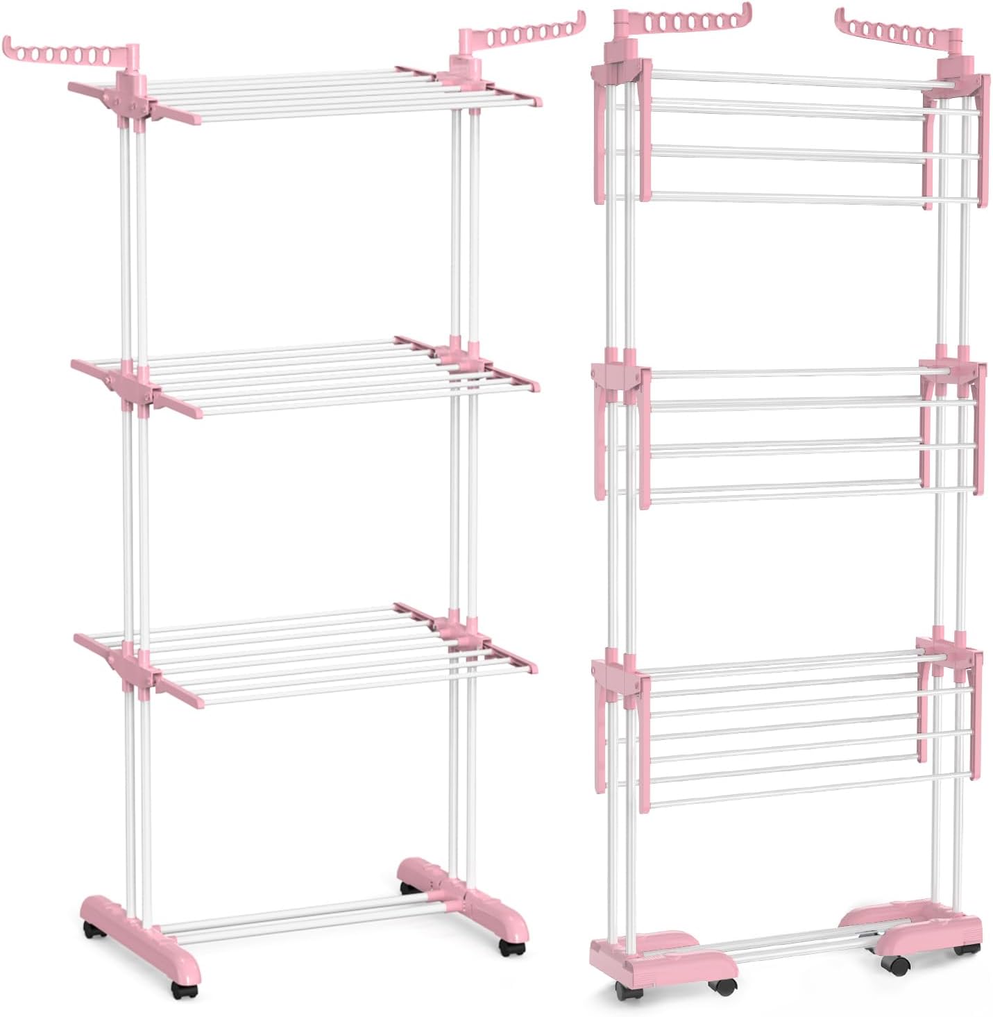 Bigzzia Clothes Drying Rack, Folding Stainless Steel Clothes Horses Rack Indoor Outdoor, 4 Tier Laundry Drying Rack with Two Side Wings (Light Blue, 4 Tie (Bottom fold))