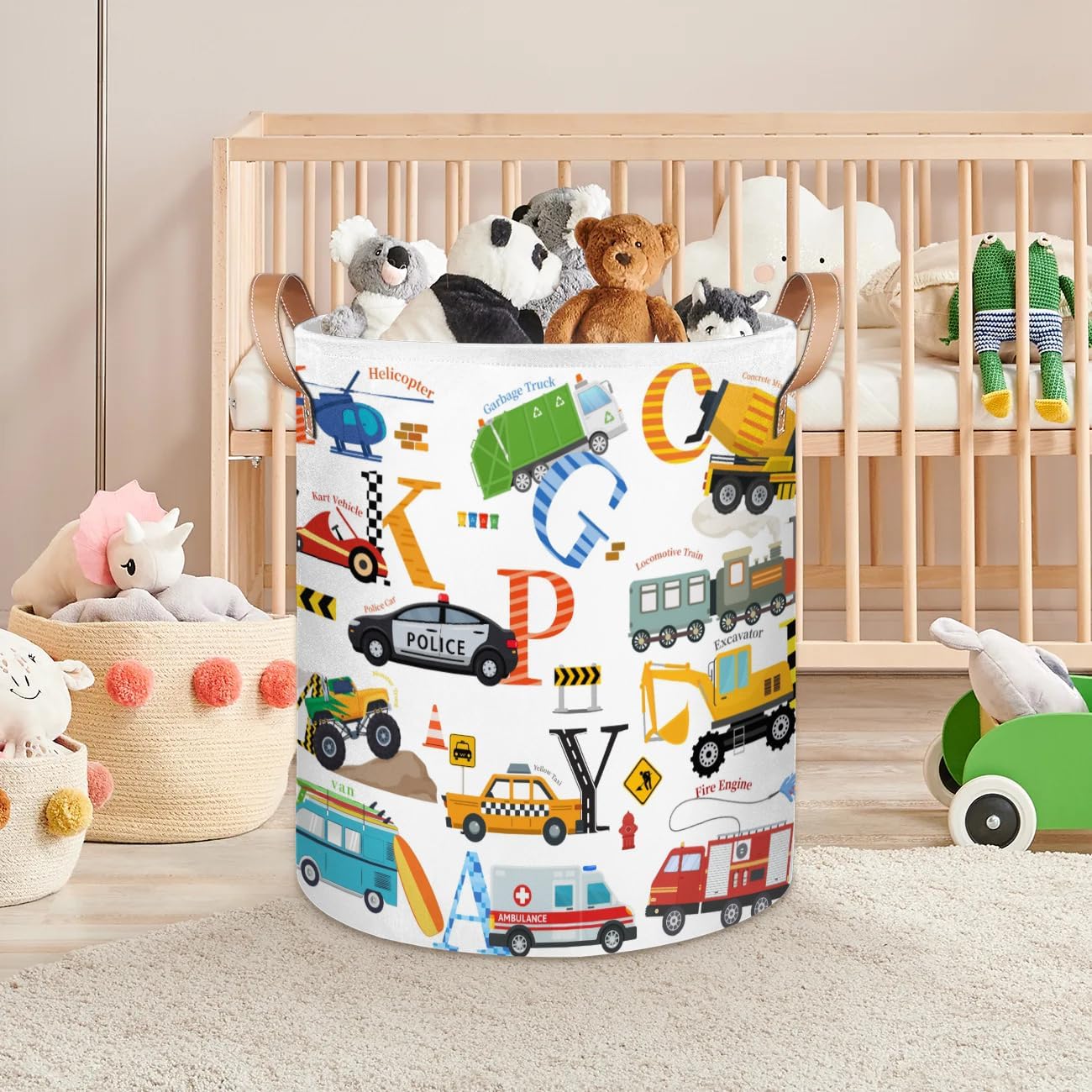 Alphabet Car Kids Laundry Basket, Cartoon Vehicles Nursery Laundry Hamper Foldable Storage Bin Toy Basket Dirty Clothes Storage Basket with Handles Organizer for Bedroom Bathroom