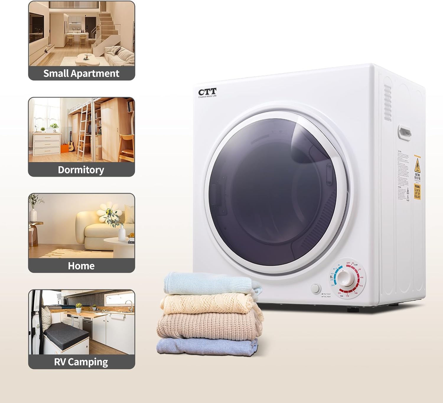 CTT 3.5 Cu. Ft. Clothes Dryer, 1500W Electric Dryers for Clothes, 110V Electric Clothes Dryer with Stainless Steel Drumble for 13.2 lbs. with 4 Automatic Drying Modes (White)