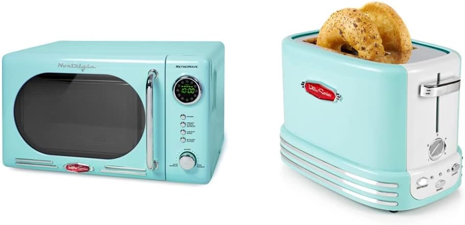 Nostalgia Retro Compact Countertop Microwave Oven, 0.7 Cu. Ft. 700-Watts with LED Digital Display & Retro Wide 2-Slice Toaster, Vintage Design With Crumb Tray, Cord Storage & 5 Toasting Levels, Aqua