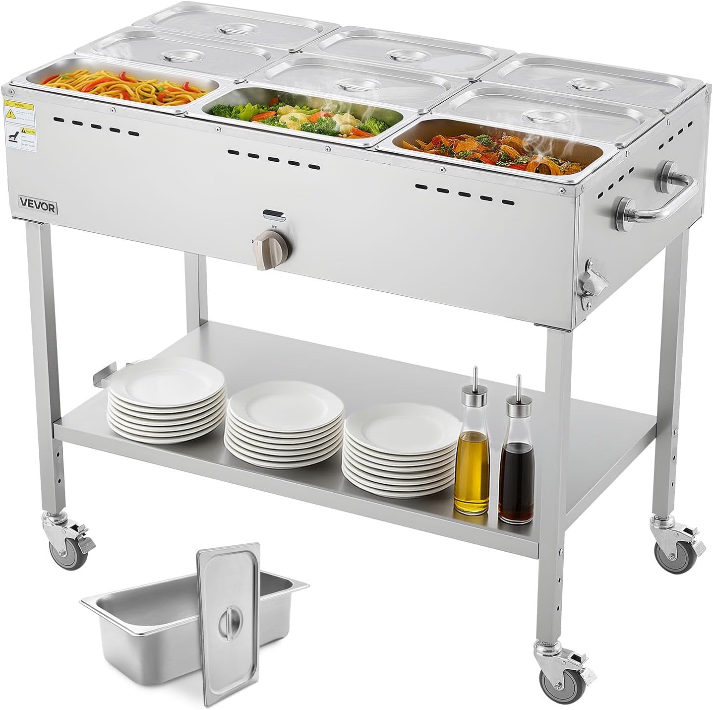 VEVOR 9-Pan Commercial Propane Steam Table, LP Gas Outdoor Soup Warmer with Drain Valve and 3