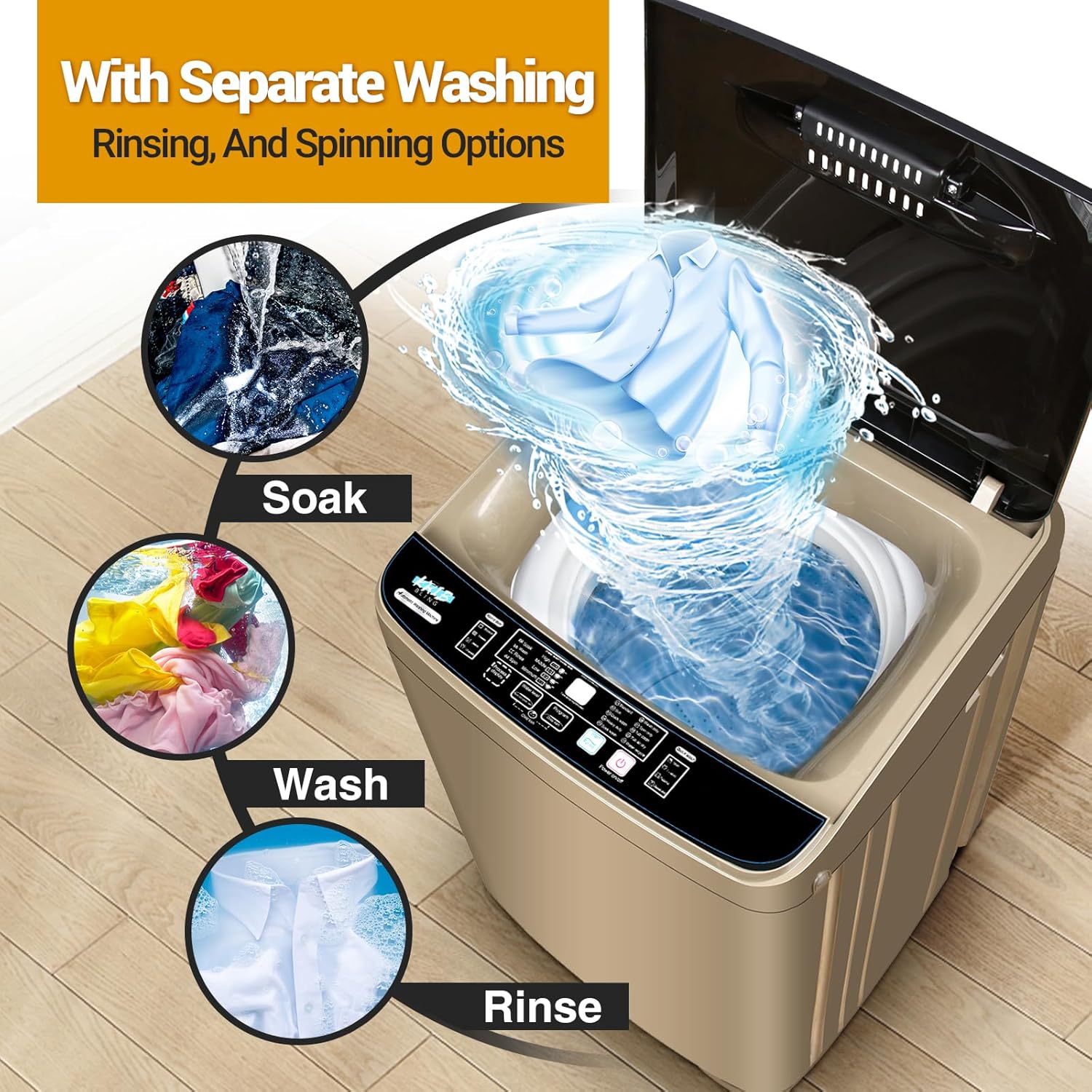 Portable Washing Machine, 17.7lbs Full-Automatic Small Washing Machine for Apartment, 10 Wash Programs with Drain Hose Dorm Size Portable Washer for RV, Home, College, Gold