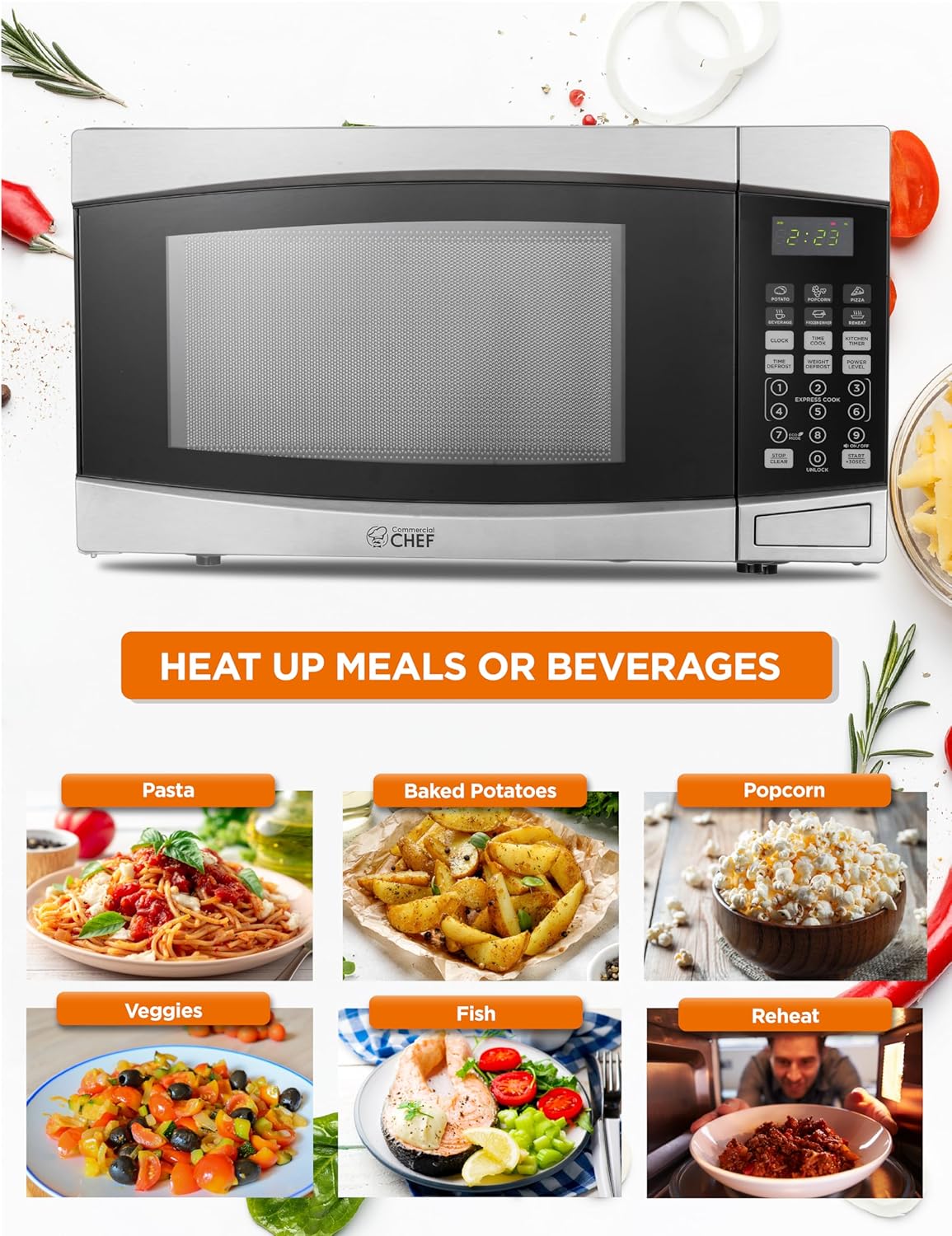 COMMERCIAL CHEF 1.4 Cubic Foot Microwave with 10 Power Levels, Small Microwave with Push Button, 1100 Watt Microwave with Digital Control Panels, Countertop Microwave with Timer, Stainless Steel
