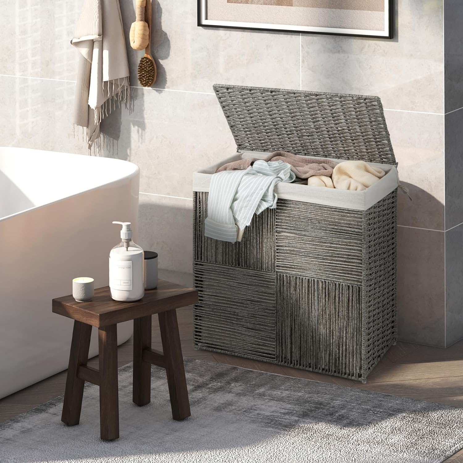 Giantex Laundry Hamper with Lid, 29 Gal (110L) Wicker Laundry Basket with 2-section Liner Bag, Removable & Washable, Foldable PP Rattan Clothes Hamper with Handle for Bathroom Bedroom (Gray)