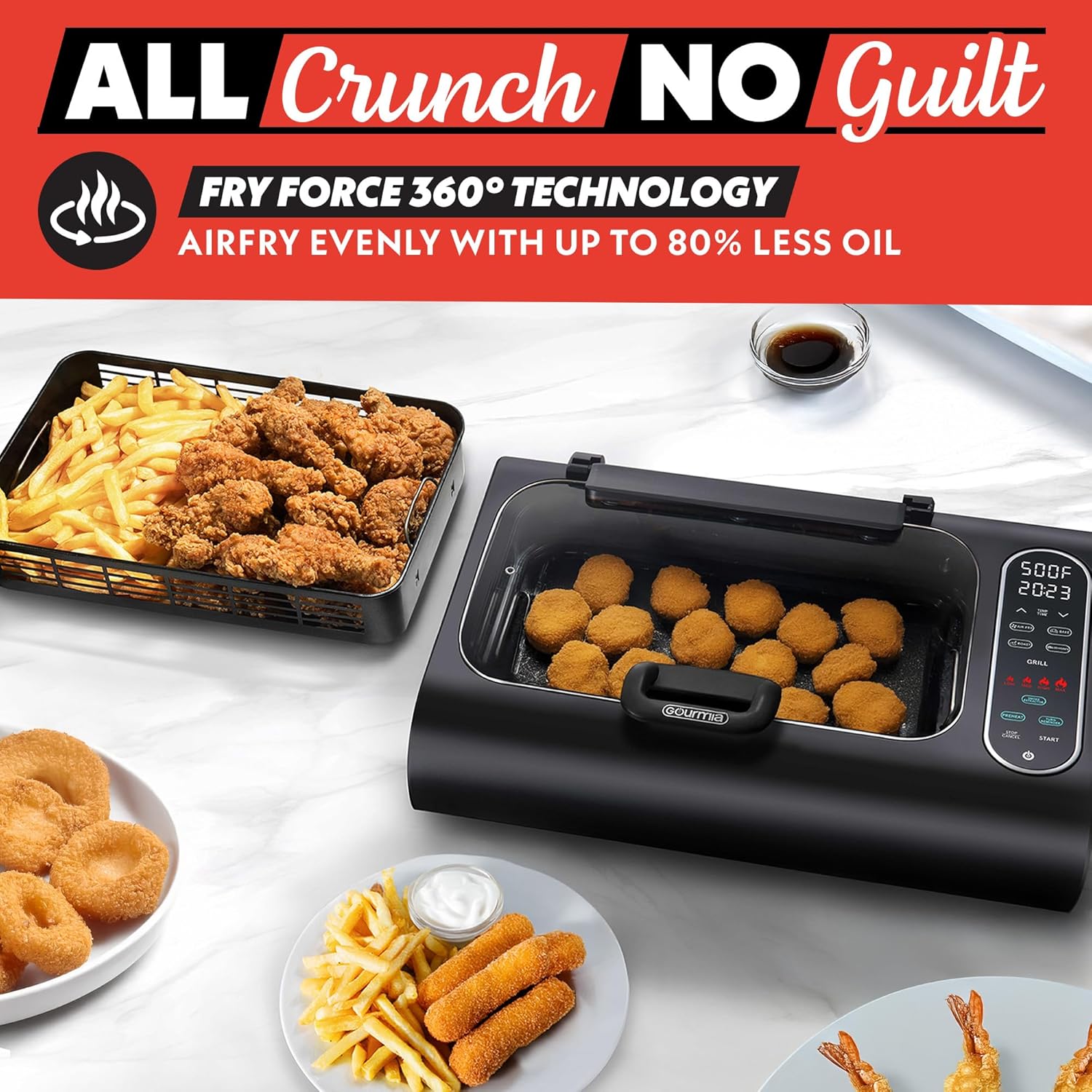 Gourmia Smokeless Indoor Grill & Air Fryer with Recipe Book – Electric Grill for Indoor Use, 5‑in‑1 Countertop Cooker, Cast-Iron Grate, 1650W, Glass Lid, Dishwasher-Safe Plates