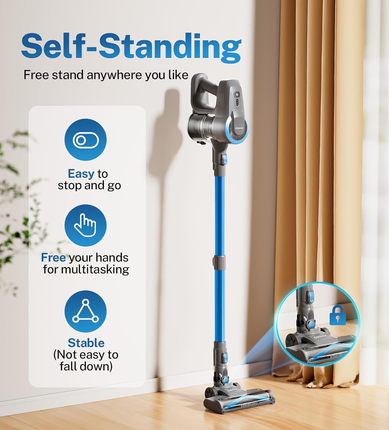 DEVOAC N300 Cordless Vacuum Cleaner, 6 in 1 Lightweight Stick Vacuum, 2200mAh Battery Up to 40mins Runtime, Powerful Handheld Vacuum for Hard Floor Rug Pet Hair Home Dorm (Blue)