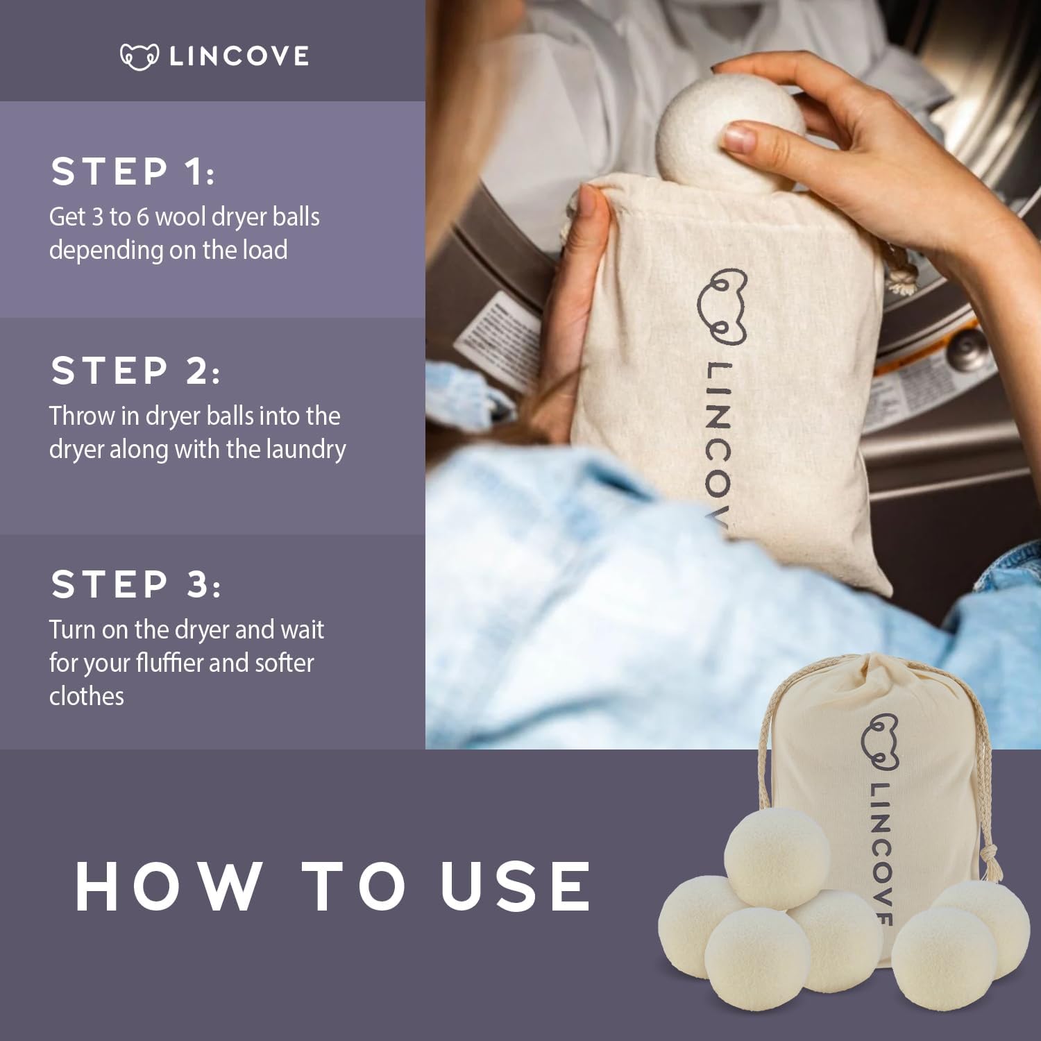 Wool Dryer Balls, 6 Pack – Natural Fabric Softener for Laundry, 100% Organic, Reusable for 1000+ Loads, Anti-Static, Reduces Drying Time, Baby Safe & Hypoallergenic Comes with Lincove Storage Bag