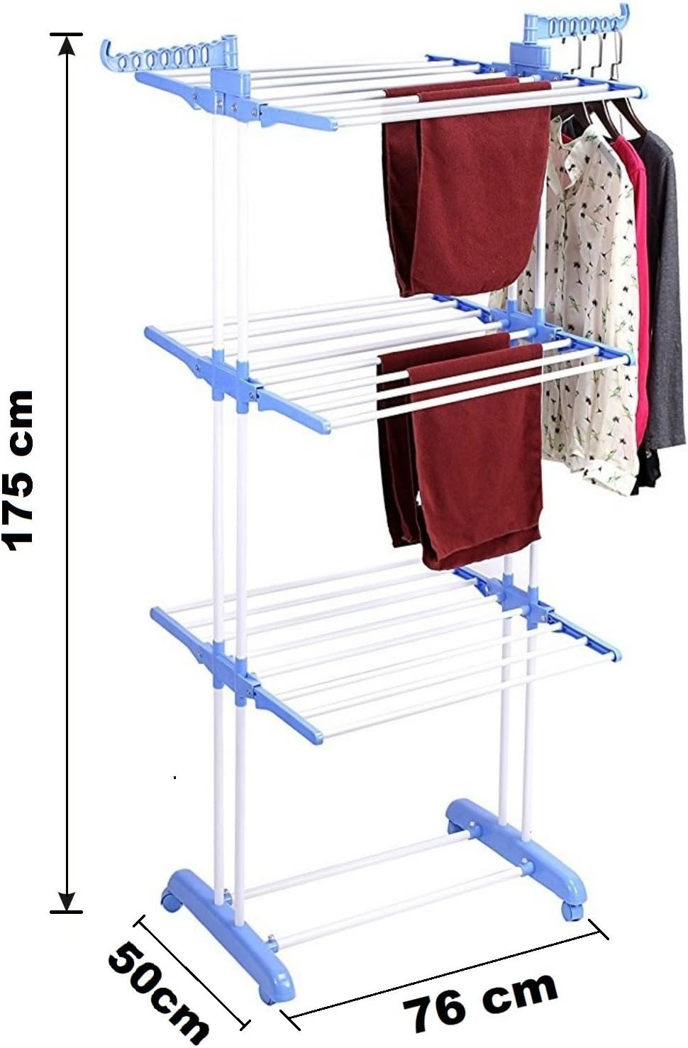 BonBon 3 Tier Clothes Drying Rack Folding Laundry Dryer Hanger Compact Storage Steel Indoor Outdoor (Blue/White)