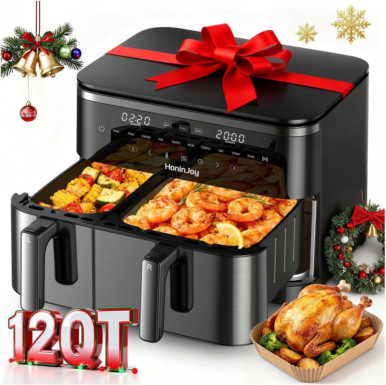 12QT Large Air Fryer with Dual Basket (4QT+8QT), 13-in-1 Digital Touchscreen Double Zone Air Fryers with 50pcs Paper Liners, Sync & Dual, for Bake, Roast, Shake Reminder, Dishwasher Safe