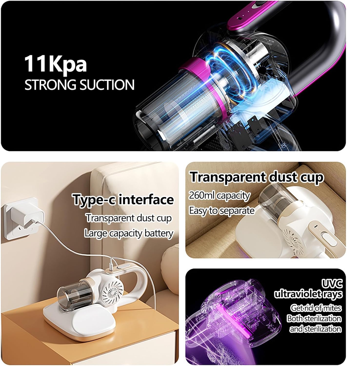 Home Cordless Vacuum Cleaner, 8500Pa Vacuum Cleaners for Home, 260ml Dust Cup, Anti-Tangle Stick Vacuum Self-Standing, 3 Modes Vacuum Cordless Rechargeable for Pet Hair/Carpet (White)