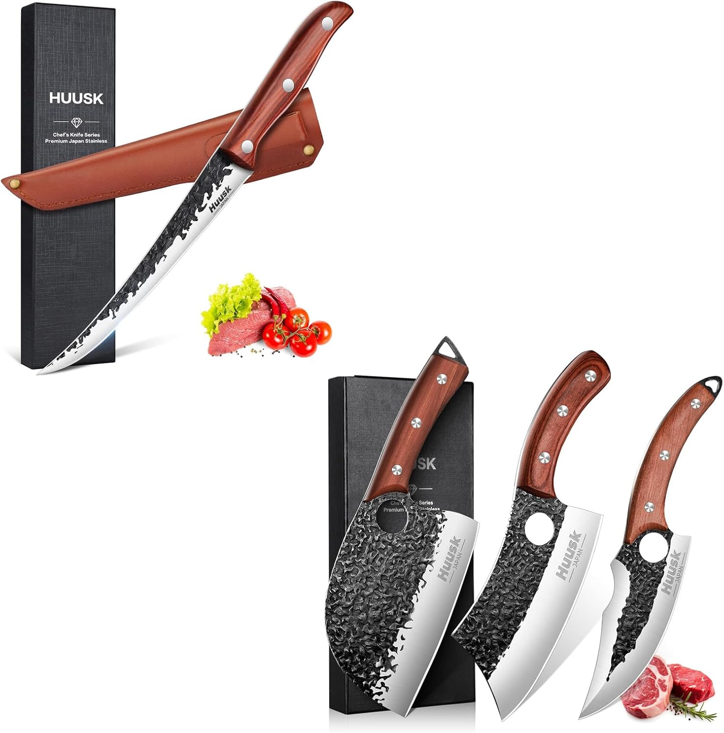 Huusk Butcher Knife Set,Hand Forged Serbian Chef Knife, Viking Boning Knife,Brisket Trimming Knife,Fillet Knife for Meat, Home & Outdoor Cooking & BBQ Camping knives, Gift for Men