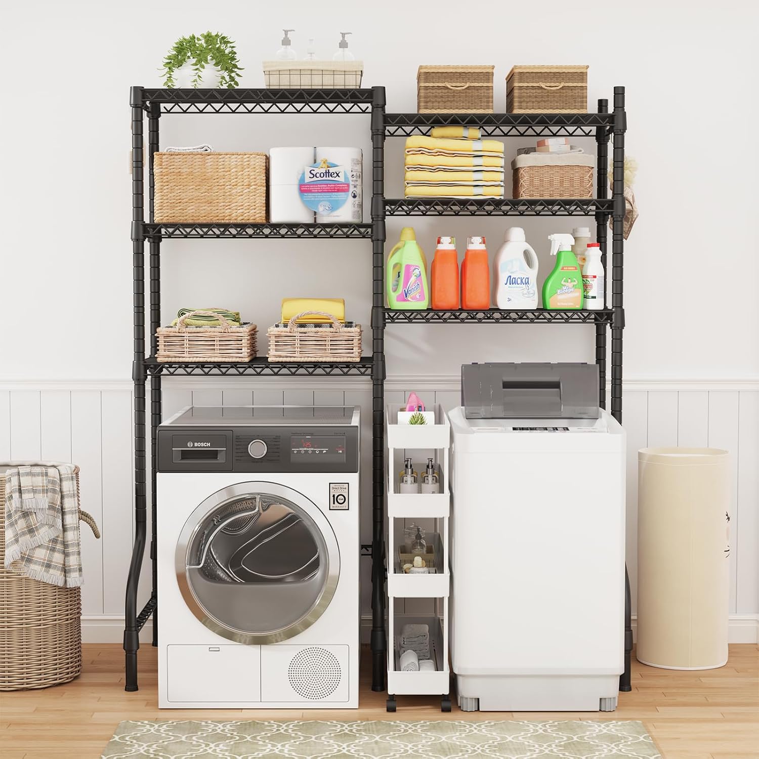 U15 Over Washer and Dryer Storage Shelves, Laundry Above Washer Dryer Storage Rack Space Saver, 6-Tier Wire Shelf with 4 Hooks for Organization, 63.4