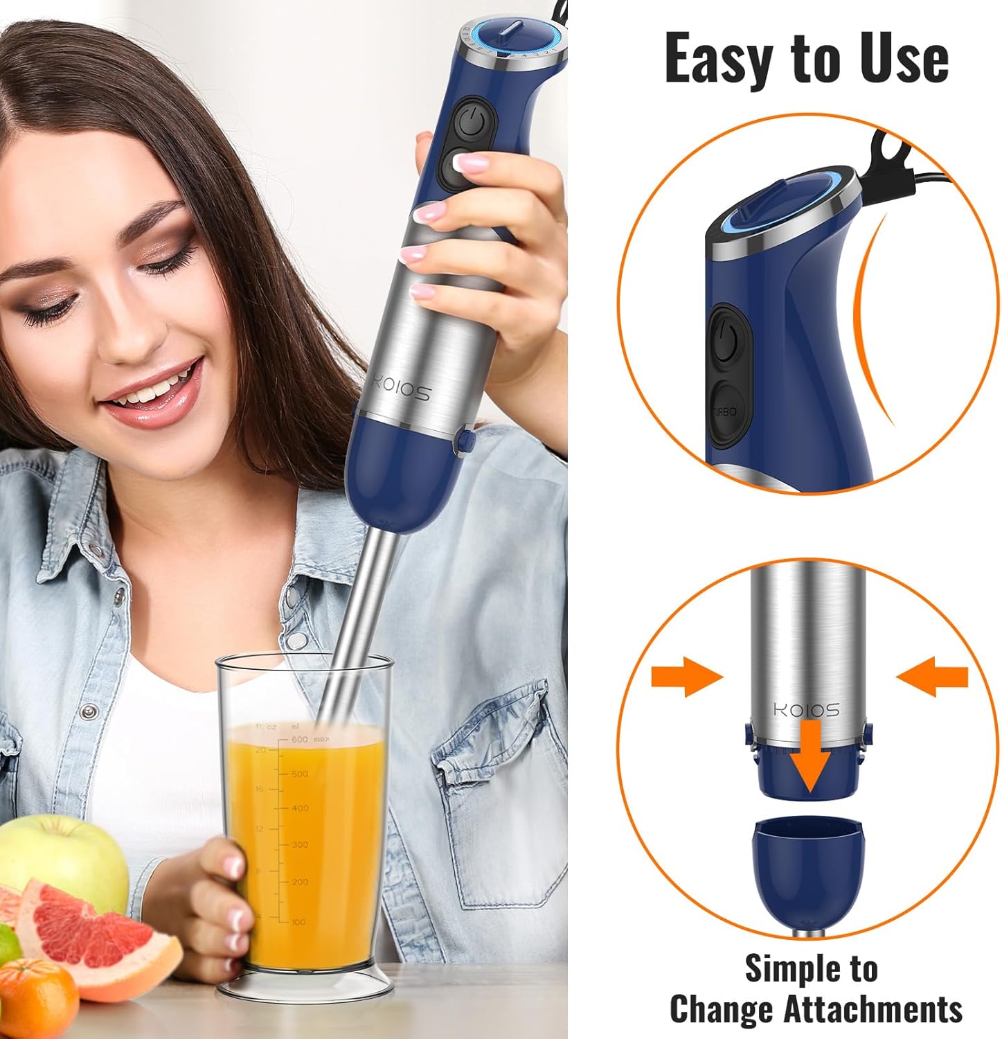 KOIOS 5-in-1 Hand Immersion Blender, 12 Speed Adjustable Emulsifier Handheld Blender, 1000W Copper Motor Stainless Steel Blade Hand Mixer with attachments, Blue