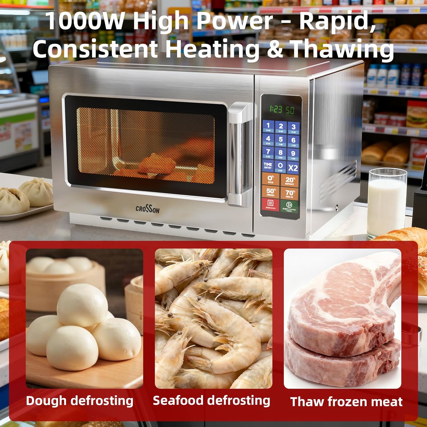 CROSSON Commercial Countertop 34L Microwave Oven W/ 10 Programmable Memory Menu,5 Power Level,3 Stage Cooking and Touch Screen Control-1000W,1.2 Cu.Ft