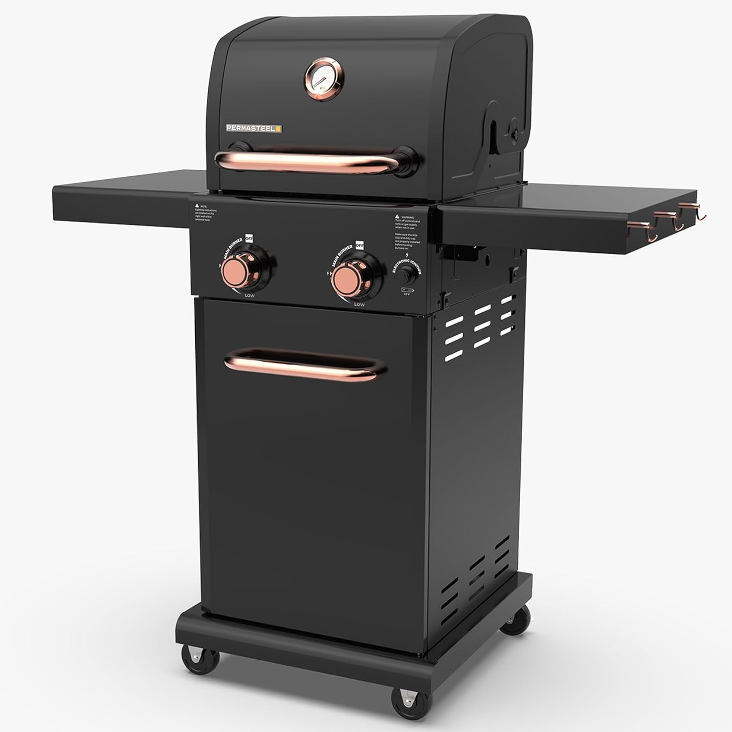 Permasteel 2-Burner Propane Gas Grill, BBQ Grill with Foldable Side Tables & Tool Hooks, Perfect for Outdoor Cooking, Patio & Garden, Black/Copper