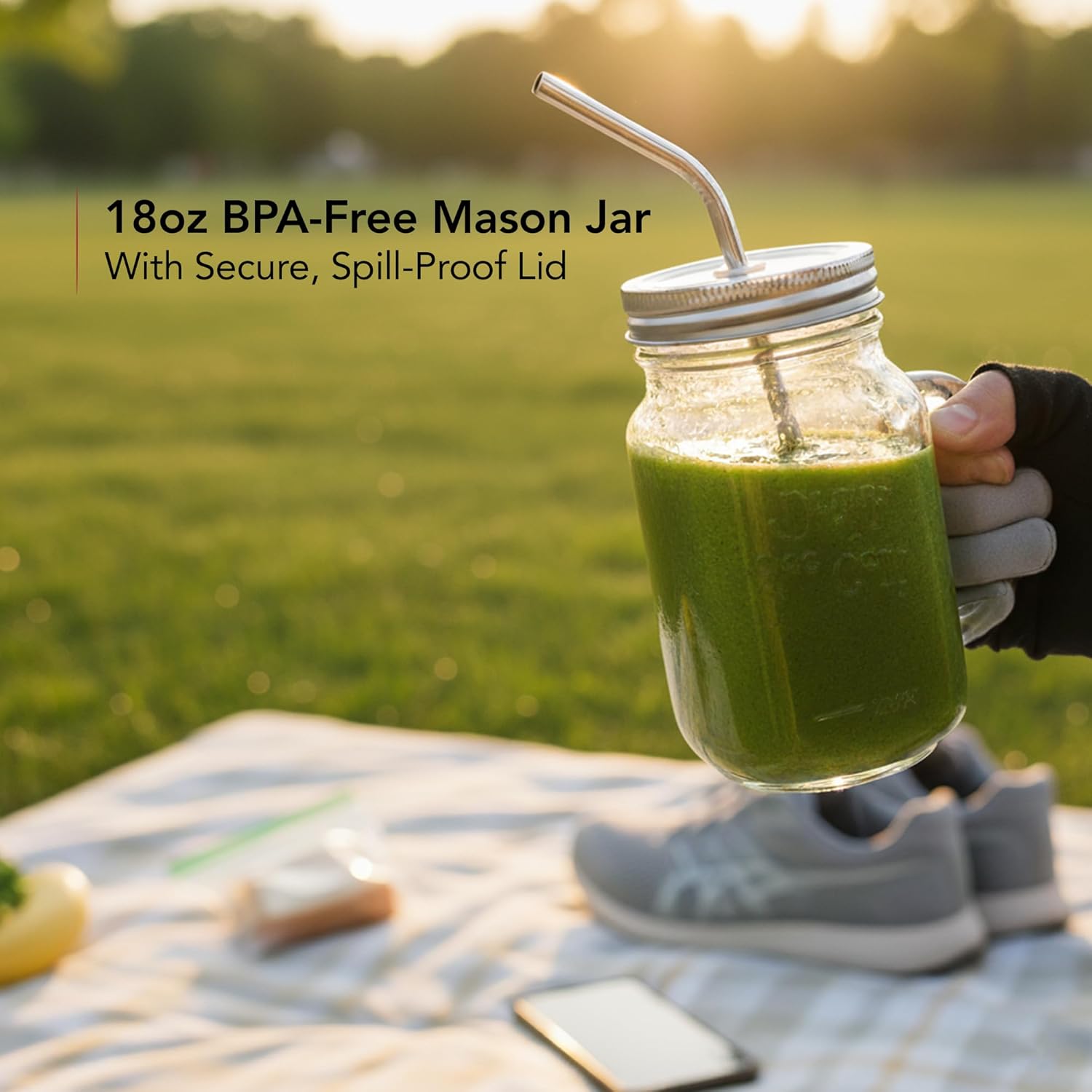 OVENTE Retro Personal Blender and Smoothie Maker with 18 Oz Mason Jar, 300W Base, Stainless Steel Blades, BPA-Free and Dishwasher Safe Container, Includes Reusable Straw and Lid, Turquoise BLH1002T