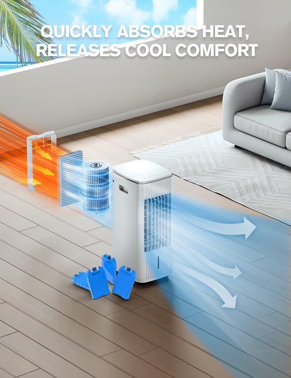 Portable Air Conditioners, 3-IN-1 Evaporative Air Cooler w/ 4 Ice Packs & 3L Water Tank, 70° Oscillation, 7H Timer for Auto-Off, Swamp Cooler air conditioner for Room Bedroom, Cream