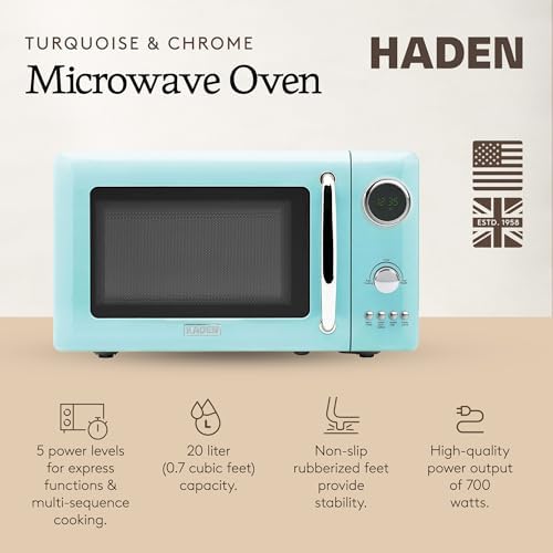 Haden 700 Watt 0.7 Cubic Foot Microwave Oven with Digital Controls, Defrost, and Instant Start Countertop Small Appliance, Turquoise/Chrome