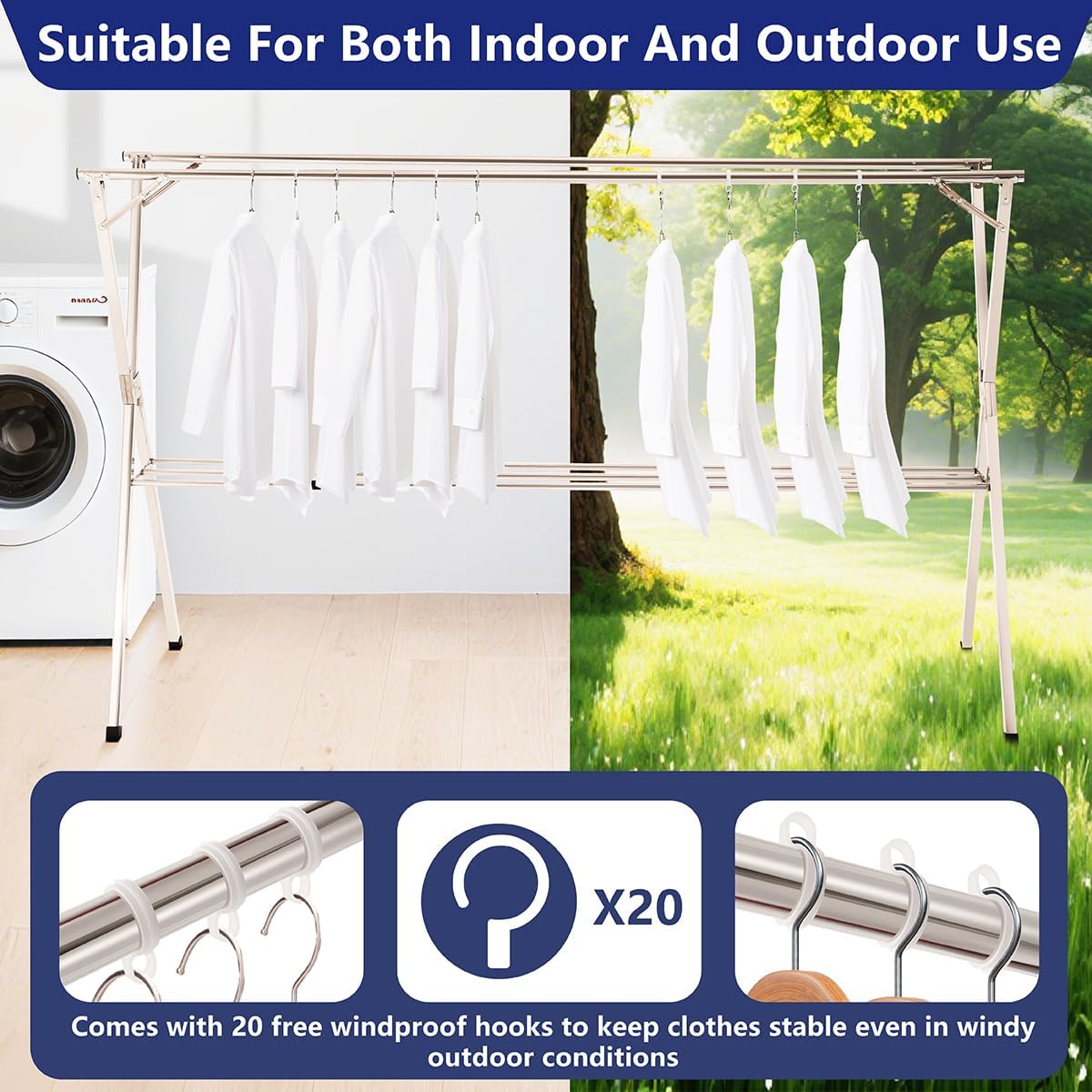79 inches Foldable Clothes Drying Rack, Heavy Duty Stainless Steel Laundry Drying Rack for Indoor Outdoor, Clothes Rack Adjustable Length. 3 Additional Reinforcement Bars with 20 Windproof Hooks