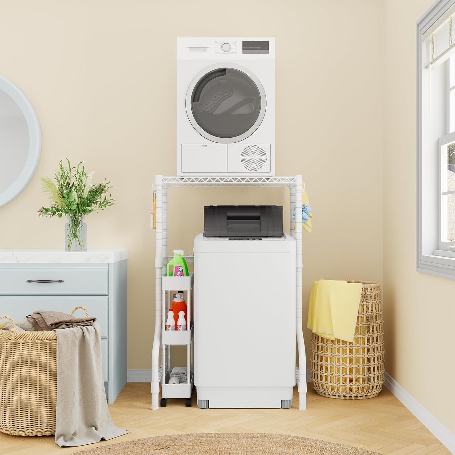 U16 Upgraded Washer Dryer Stacking Rack for Narrow Laundry Room and Bathroom, Metal Over Washer and Dryer Storage Shelves for Saving Space, 29.5