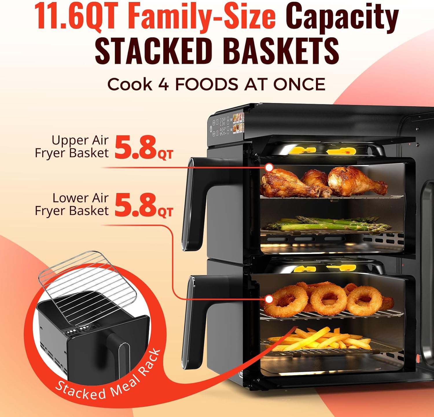 11.6QT Dual Basket Air Fryer Oven, Vertical 2-Basket Design, 6-in-1 Presets Function with Digital Touchscreen, Sync & Match, Easy to Clean, Dishwasher Safe, Family Meals