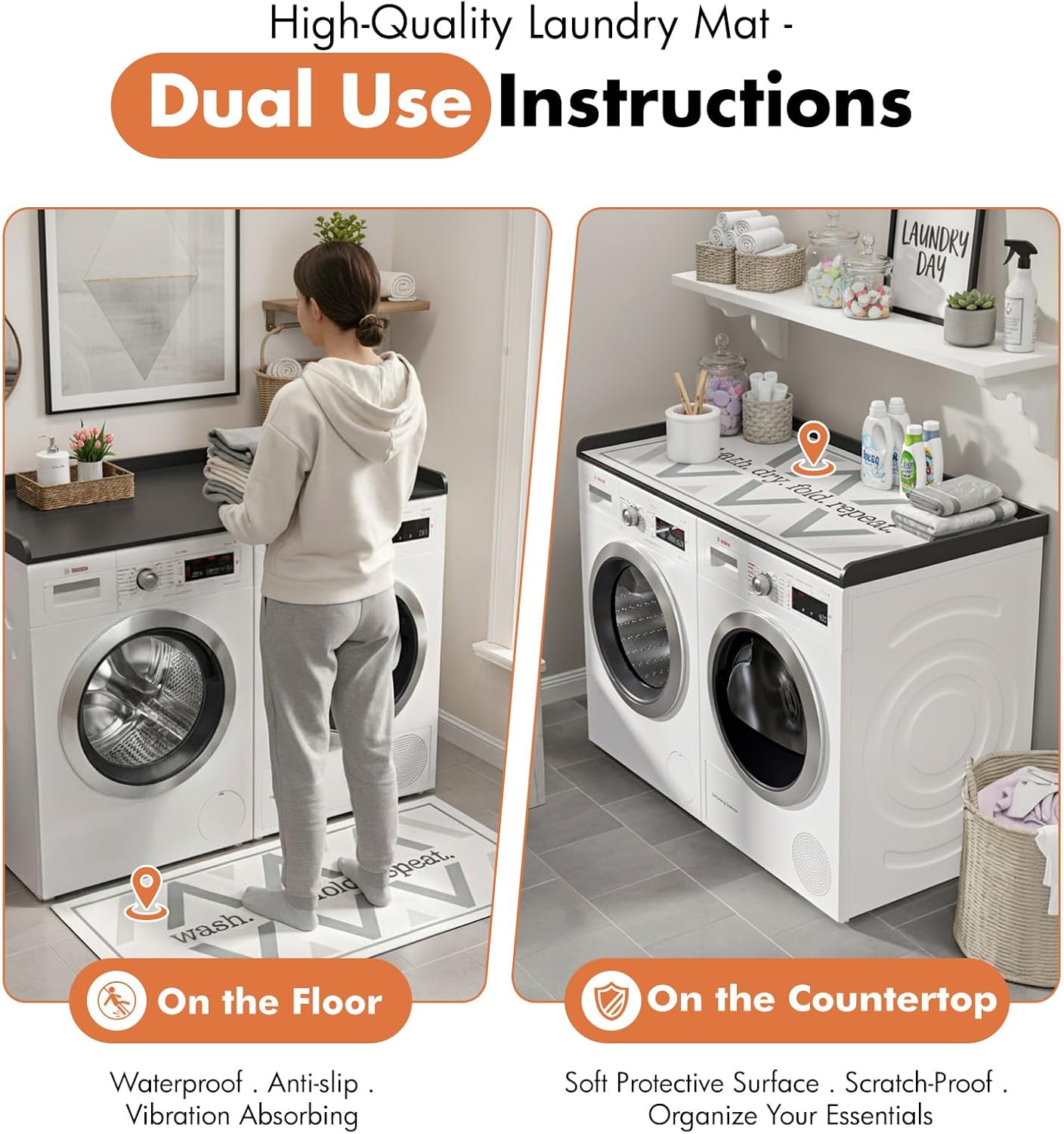 Premium Washer Dryer Countertop with Anti-Slip Pad, 54inch Laundry Room Organization Set, Stackable Storage Solution with Silicone Ironing Mat, Diatomite Mat(Black)