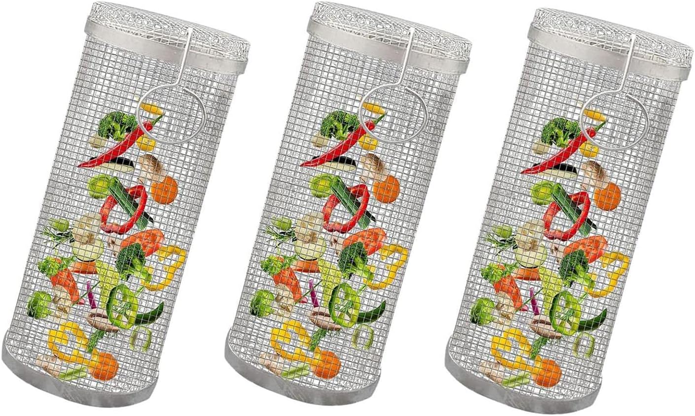 Rolling Grill Basket Stainless Steel,Camping Picnic Cookware Barbecue Cooking Grill Grate Accessories,30 X 10 X 10 Cm,6PCS