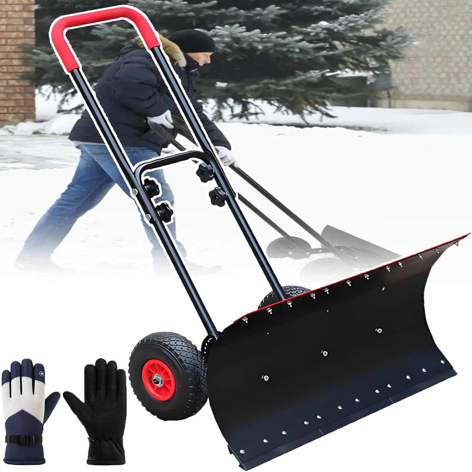 Outdoor Snowplow - Rolling Snow Pusher Shovel,Dual-Purpose De-Icing and Snow Pusher Snow Removal Tool, Manual Push Plow with Anti-Slip Wheels for Walkways