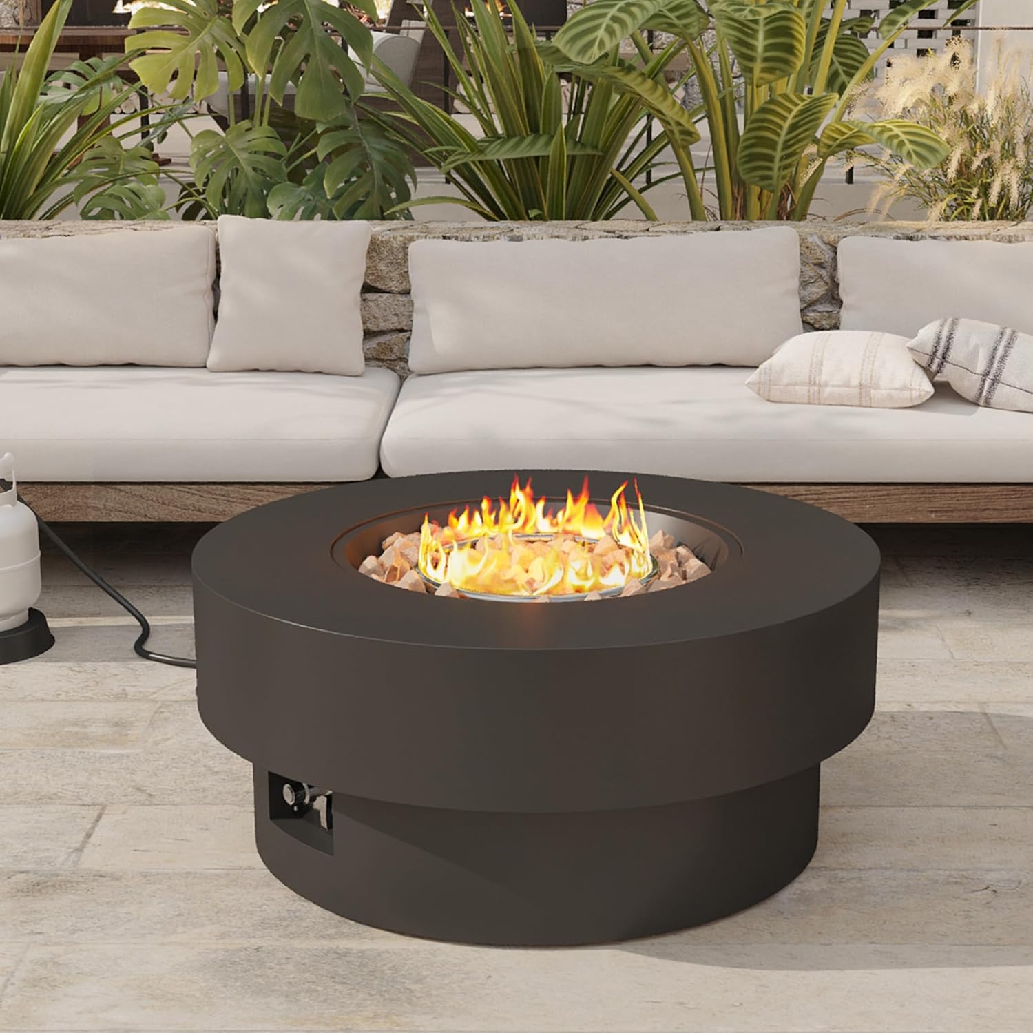 32 inch Outdoor Propane Fire Table, Round Patio Fire Pit Table, 50,000 BTU Gas FirePit with Lid, Cover, Lava Rocks, CSA Certified, Black