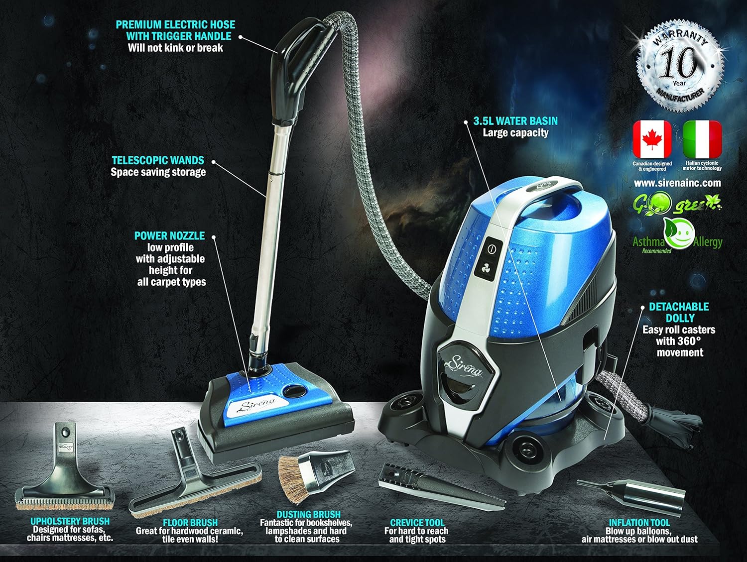 Sirena Vacuum Cleaner – Water Filtration, 2-Speed, Bagless Canister Vacuum Cleaner, Allergy/Pet Pro