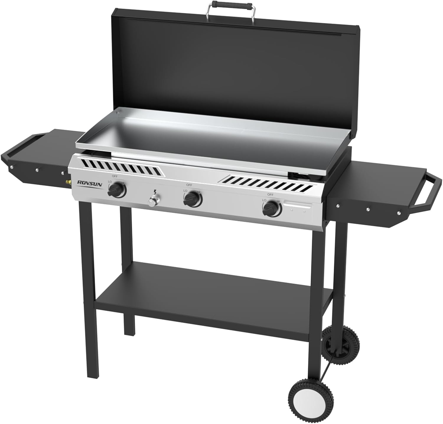 Bonnlo 2-in-1 Propane Stove and Griddle, 3 Burner Outdoor Gas Cooker with Iginition, Storage Shelf and Portable Wheels, 225000BTU Output Camping Stove for Backyard Cooking BBQ Frying and Boiling