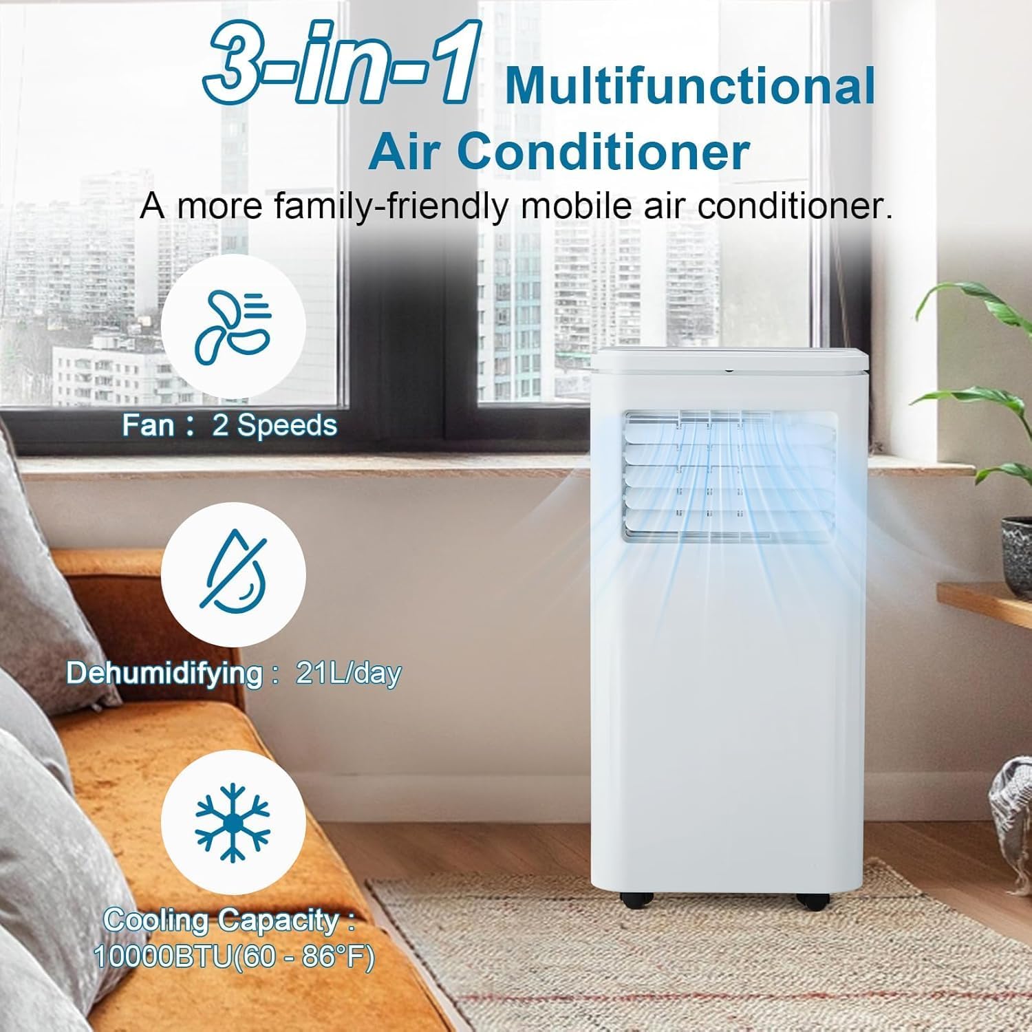 10000 BTU Portable Air Conditioner, Portable AC Unit with Cooling, Dehumidifier and Fan Functions, Cools Up to 450 Sq. Ft., Remote Control, LED Display Included