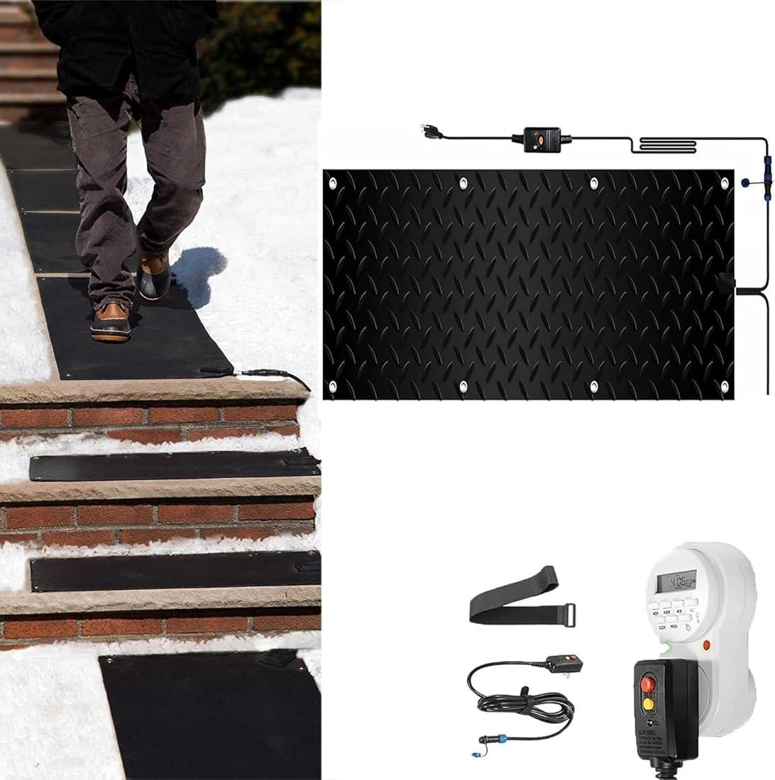 1/2/3/4/5 Pcs Heated Snow Melting Mats with Timer, for Entrances, Outdoor Non-Slip Heated Rubber Mat Winter Removal and Ice Melt Products, for Stairs Steps Doorways Walkways Driveway(1 Pcs,12