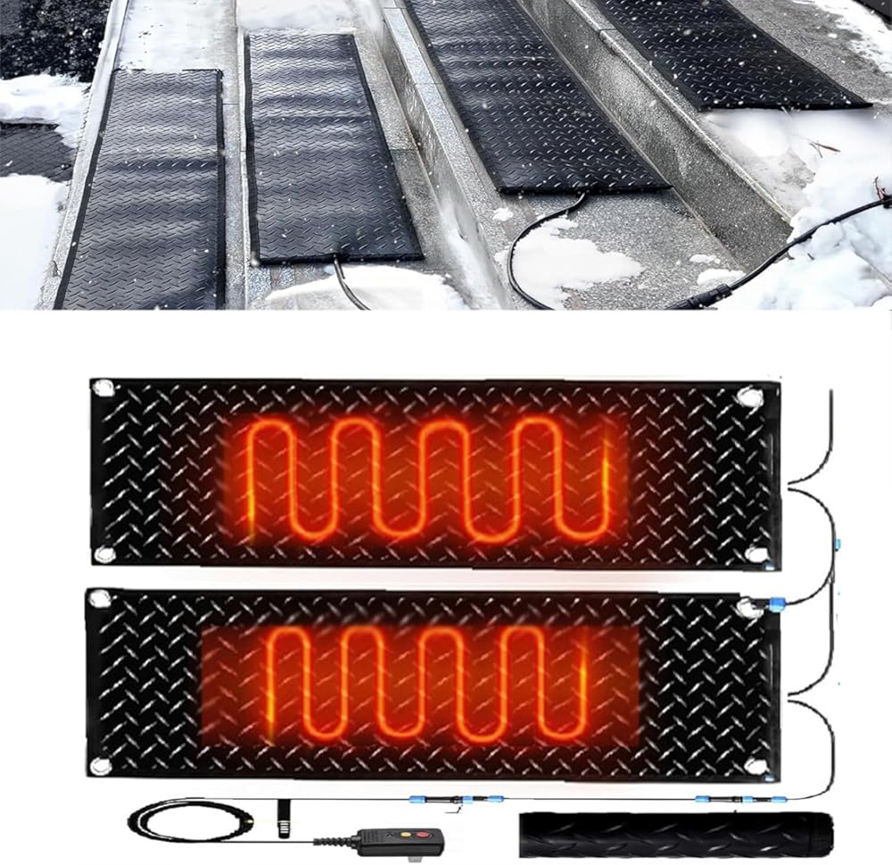 Snow Melting Mat, Heated Walkway Mat, 1/2/3/4/5 pcs Rubber Heated Mat with Power Cord, Outdoor No Slip Heated Door Mat, No More Shoveling, Salting and Slipping, for(2 Pcs-10inx35.4in (25.4x90cm))