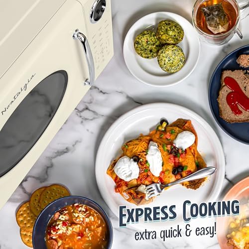 Nostalgia Retro 1000W Microwave Oven 1.1 Cu Ft Capacity – Child Safety Lock, 8 Auto-Cook Settings – Countertop Kitchen Appliance – Ivory