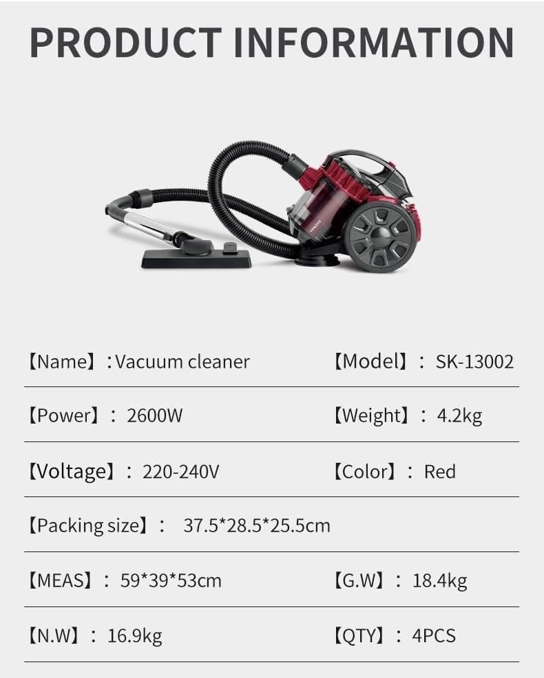Bagless Cylinder Vacuum Cleaner, 2600w High Power Motor for Pets, 1.5 Litre Capacity, 5m Power Cord, 4 Stage HEPA Filter for Dust, Dirt and Allergens, Turbo Tool for Pet Hair
