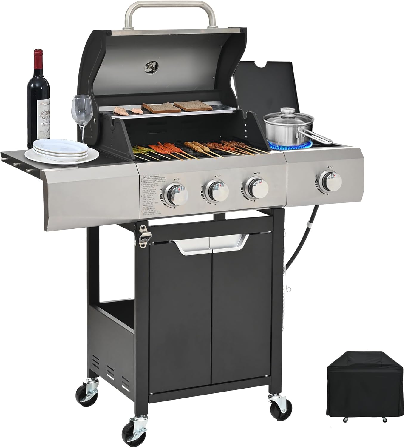 3-Burner Propane Gas BBQ Grill with Side Burner & Enameled Cast Iron Grates, 40,500 BTU Barbecue Grill with Cover for Outdoor Patio Backyard Cooking Grilling,Propane Gas Grill