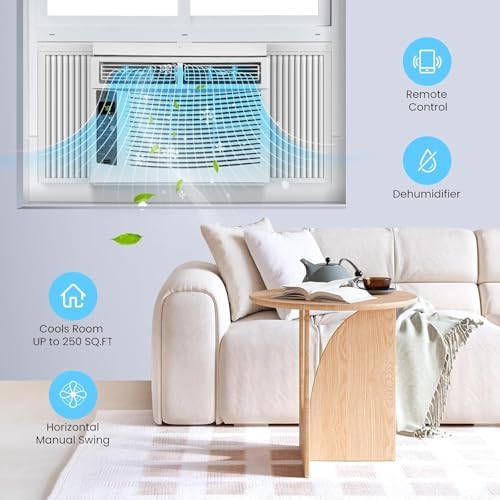 6,000 BTU Window Air Conditioner,AC Window Unit Cool up to 250 Sq. Ft w/Romote Controls & 4 IN 1 Cooling, Dry, Fan, and Auto Mode, Low Noise,Perfect for Small Bedroom, Living Room, Home,Office