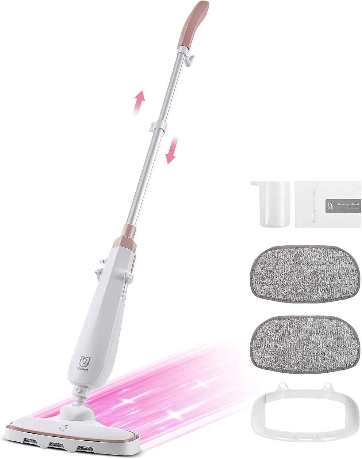 Moolan Steam Mop, 15s Fast Heat-Up Steam Cleaner with 2 Washable Pads, Chemical-Free Hard Floor Cleaning for Carpet, Tile, Laminate, Hardwood, Self-Standing with Adjustable Handle