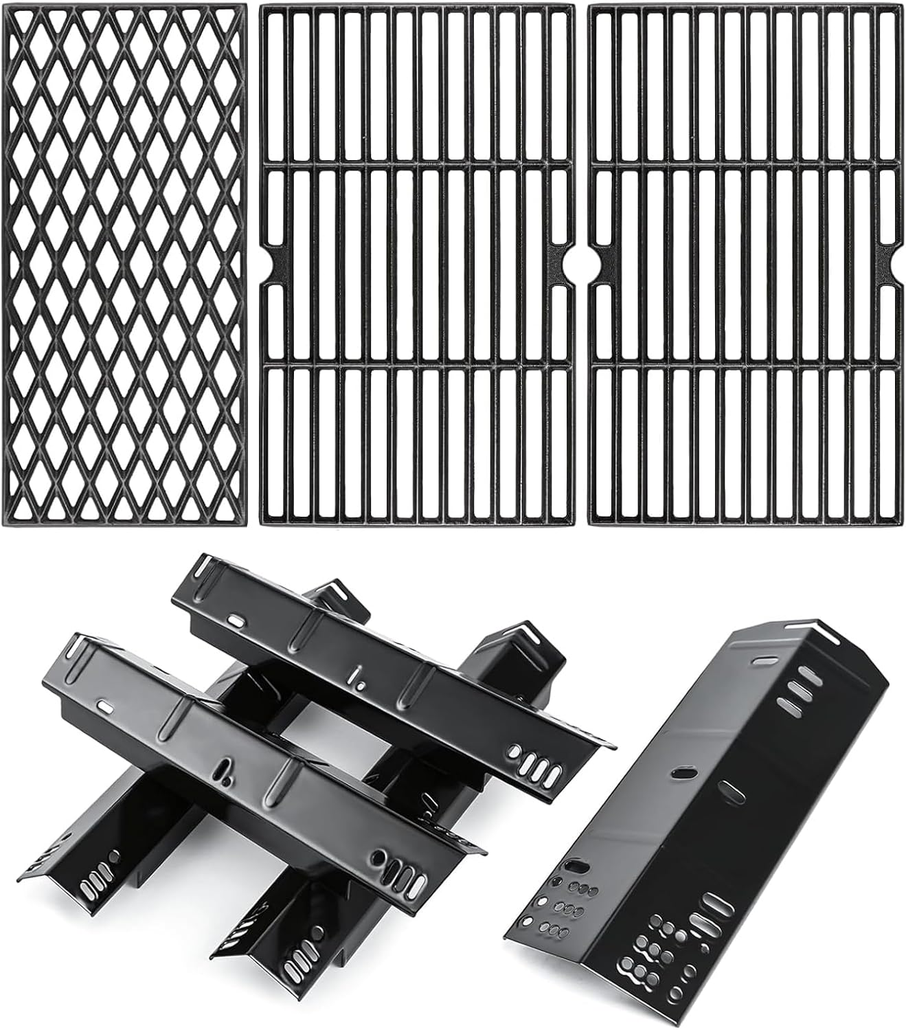 Hisencn Grill Replacement Part for Dyna Glo DGH474CRP DGH485CRP 5 Burner Grill, Porcelain Steel Heat Plate Tents 5 Pack, Cast Iron Cooking Grates 3 Pack for Dyna Glo 5 Burner Gas Grill