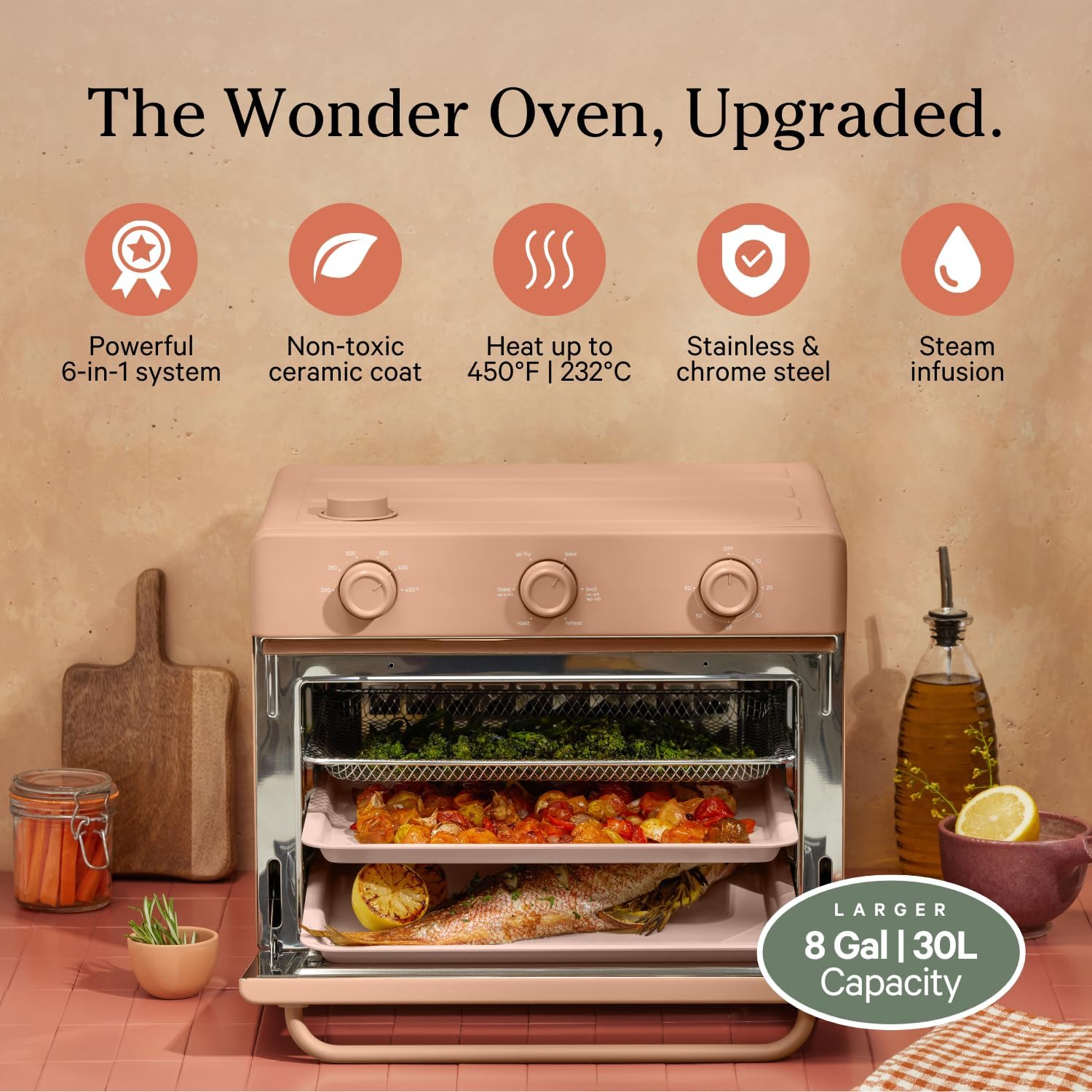 Our Place Large Wonder Oven | 6-in-1 Stainless Steel Air Fryer Toaster Oven Combo with Basket, Rack, Pan & Tray | 3-Rack, 32 QT, Large Capacity - Toast, Roast, Bake, Reheat, Broil & Steam | Spice