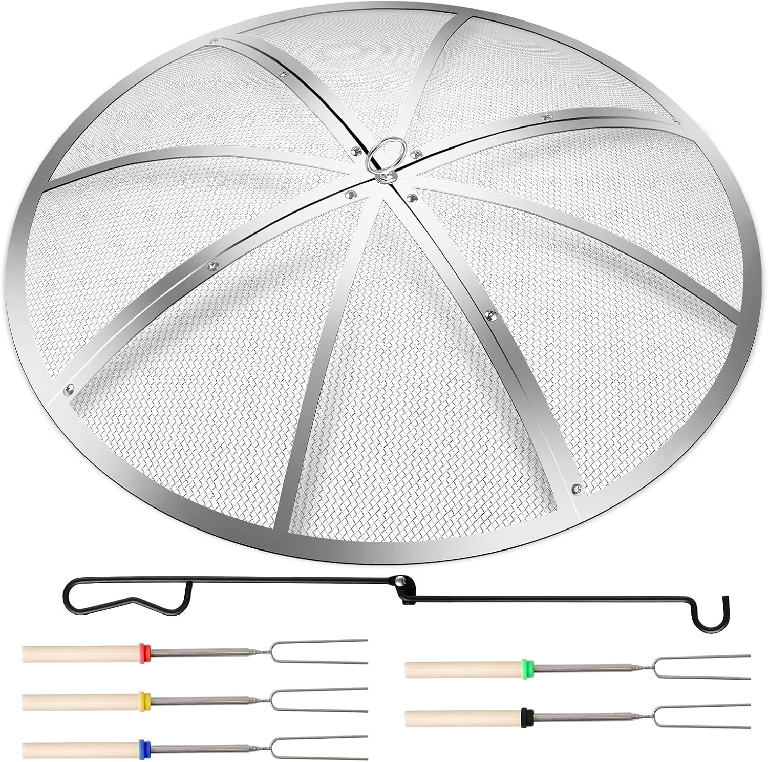 Fire Pit Spark Screen 40 Inch Round, Heavy Duty Stainless Steel Outdoor Fire Pit Screen Cover with Foldable Hook & Marshmallow Sticks, Mesh Spark Protector for Backyard, Camping, Beach