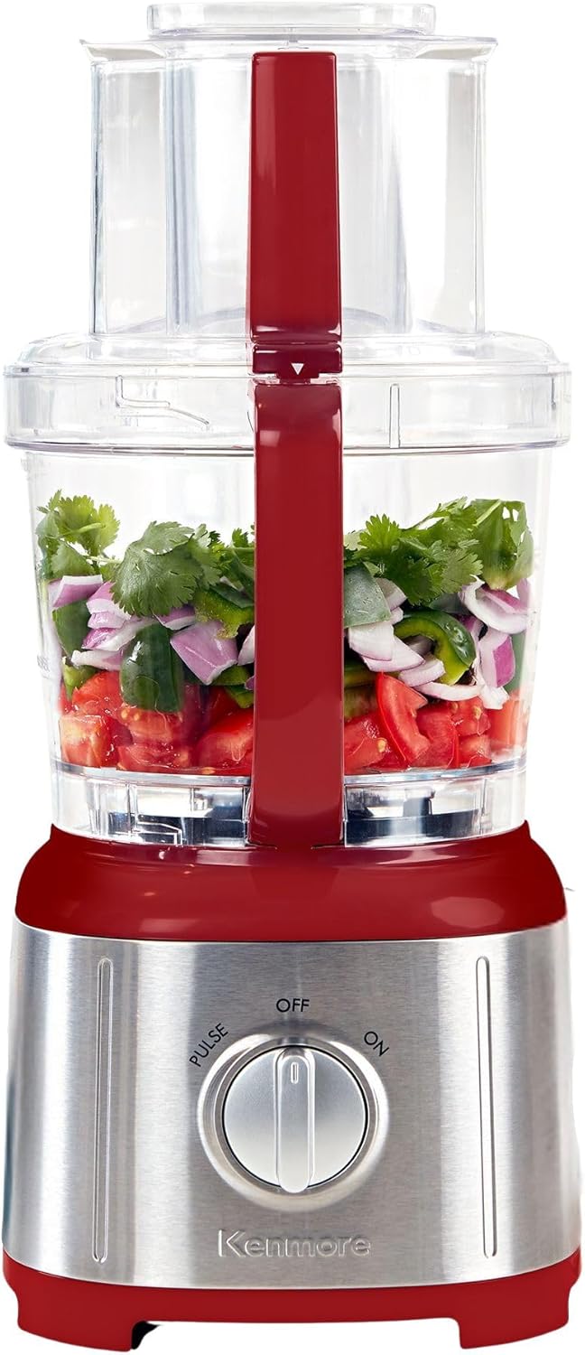 Kenmore 11-Cup Food Processor - Vegetable Procesador de Alimentos, Blender, Onion Chopper And Garlic Mincer, Kitchen Appliance High Powered Electric Licuadora, 500W Red, Stainless Steel Red