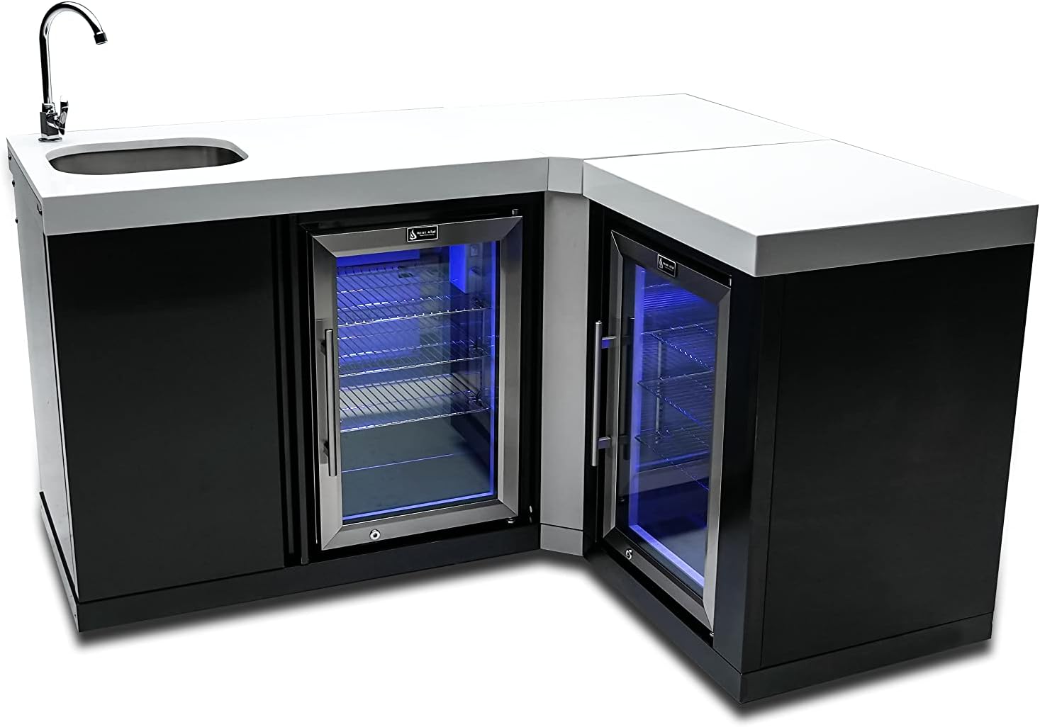 Mont Alpi MA-BEVBSS90FC Bar Series 90 Degree Corner Black Stainless Steel Double Outdoor Rated Refrigerator Wine Cooler Beverage Center Granite Countertops with Blue LED Lighting + Faucet & Sink