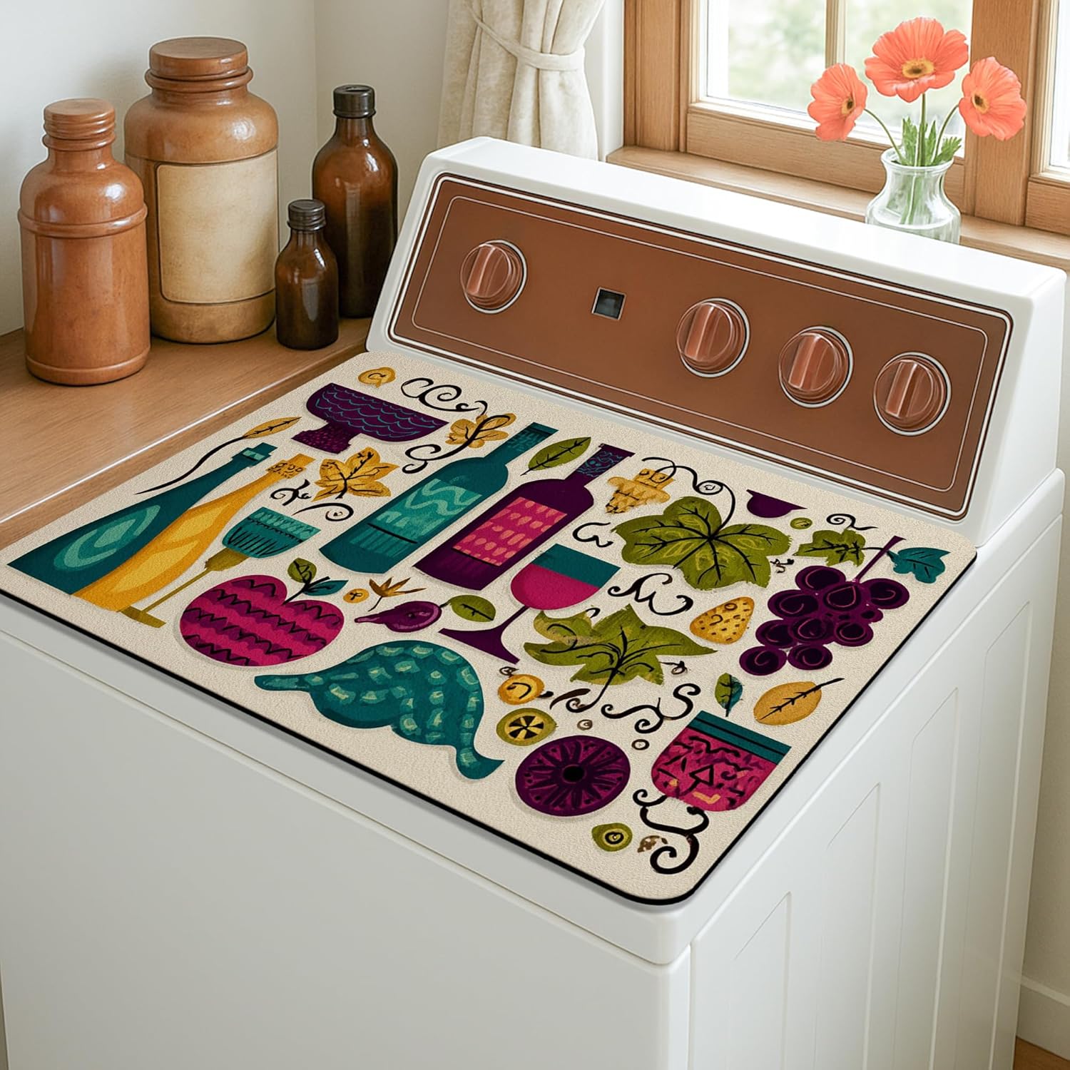 Vibrant Washer Dryer Top Protector Mat, Colorful Vintage Wine and Grapes Laundry Machine Covers, Autumn Rubber Anti-slip Waterproof Washer And Dryer Mats for Laundry Room 20x24 Inch