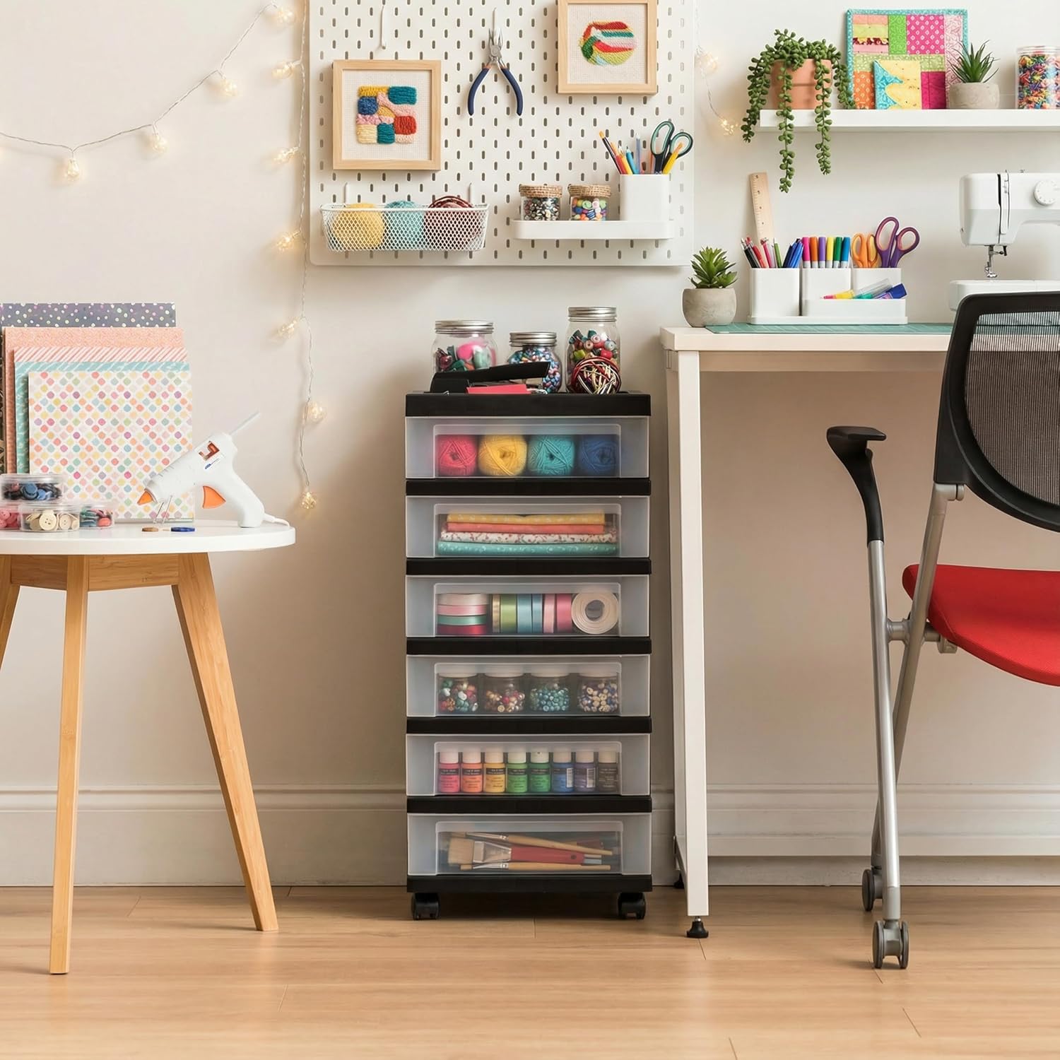 IRIS USA Plastic Drawer Storage Organizer Rolling Cart, with Wheels Casters, 6-Drawers, for Classroom Art Craft Supplies Dresser Closet Bathroom Laundry Room, Black/Clear