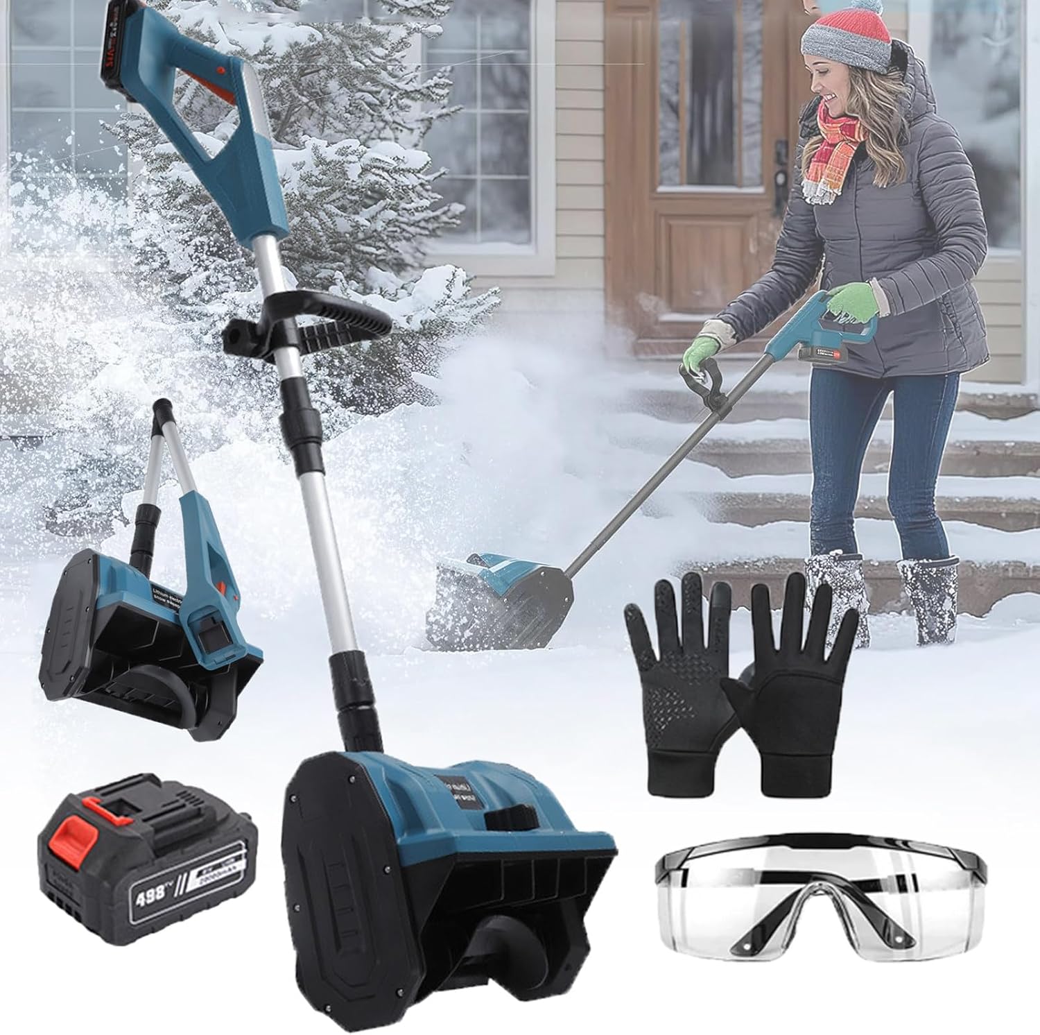 Adjustable Snow Blower, Battery Cordless Snow Shovel, Lightweight Power Snow Shovel for Patio Driveway Snow Removal, 26ft Throw Distance,Blue-1Battery