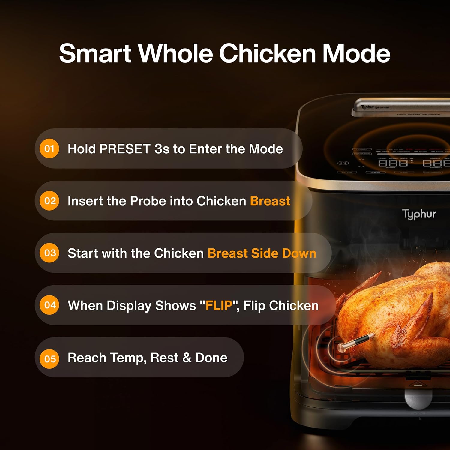 Typhur 8QT Sync Air Fryer with Built-in Wireless Meat Thermometer, 9-in-1 Smart Non Toxic Ceramic Airfryer for Quick Easy Meals, 450°F Max, Cooks 6lb Whole Chicken, Dishwasher Safe, 120V