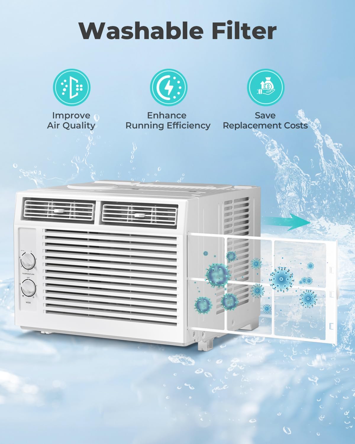 5000 BTU Window Air Conditioner AC Unit, Cool up to 150 Sq.Ft., Adjustable Cooling & Fan Modes, Install Kit, Energy Saving, Air Conditioner Window Unit for Bedroom, Apartment, Living Room