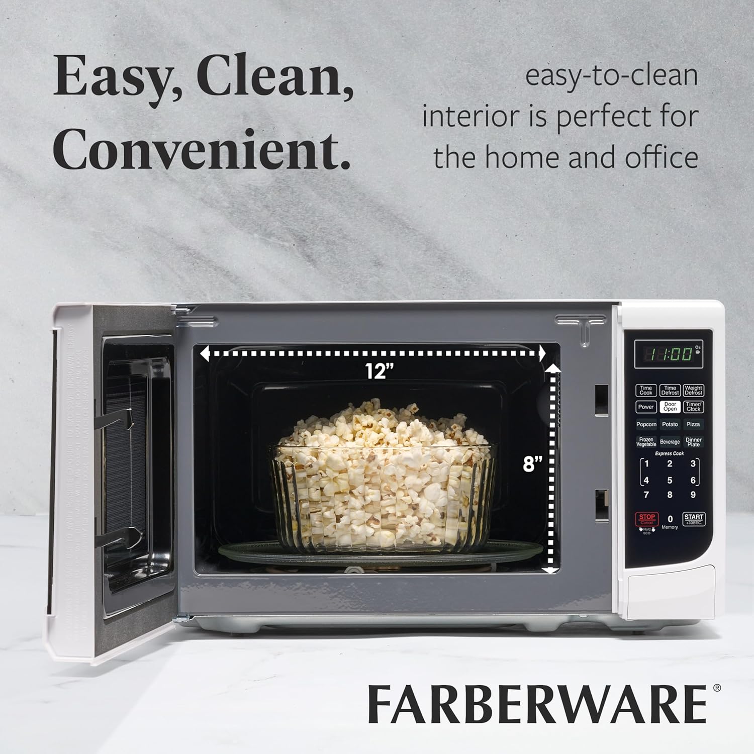 Farberware 0.7 Cu. Ft. Countertop Microwave Oven – 700 Watts Power, Auto Cook Settings, Defrost, Easy Clean and Child Safety Lock - White